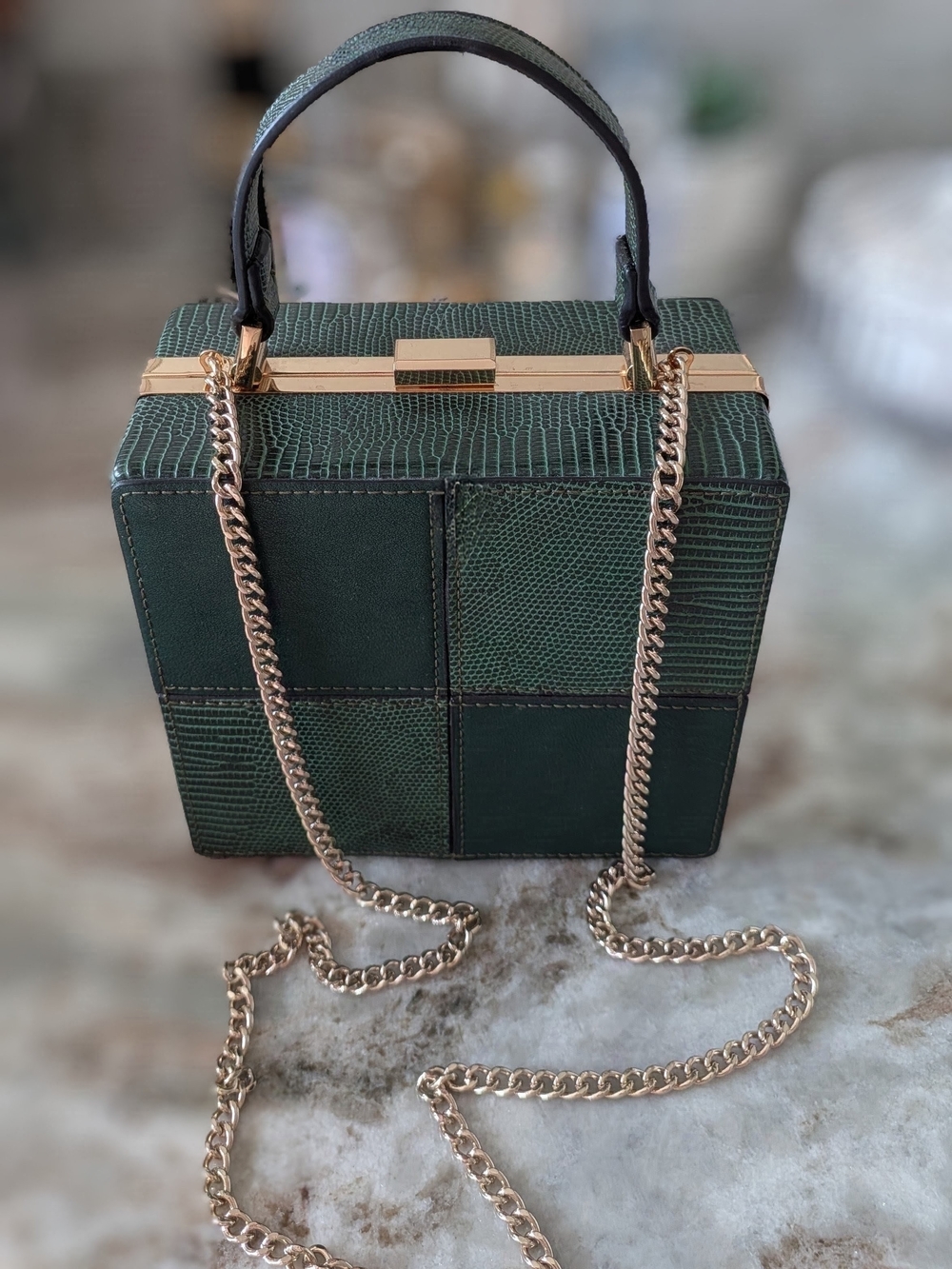 Topshop Dark Green Patchwork Box Satchel with Gold Chain